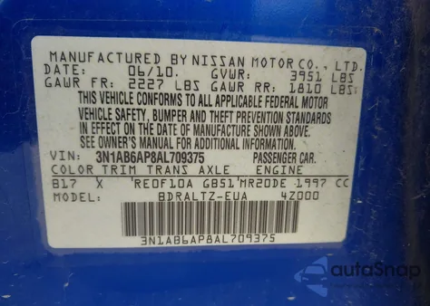 2010 Nissan Sentra 2.0Sr z USA, uszkodzony, nr VIN 3N1AB6AP8AL709375